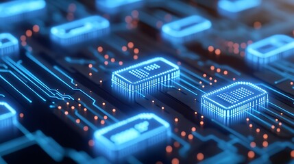 Futuristic Close-Up of Circuit Board with Glowing Blue Chips and Luminous Tracks for Technology Background