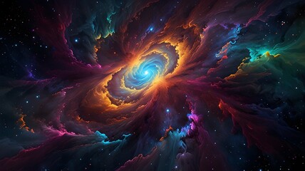A mesmerizing abstract pattern of swirling colors and shapes resembling a cosmic nebula in deep space." 