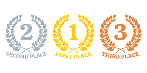 Winner, prize icons with First, Second And Third place. Laurel wreath award set with 1, 2, 3 numbers. Gold, silver and bronze medal concept. Vector illustration.