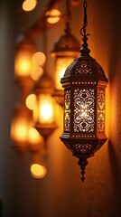 Ornate Arabic lanterns glowing warm light soft bokeh