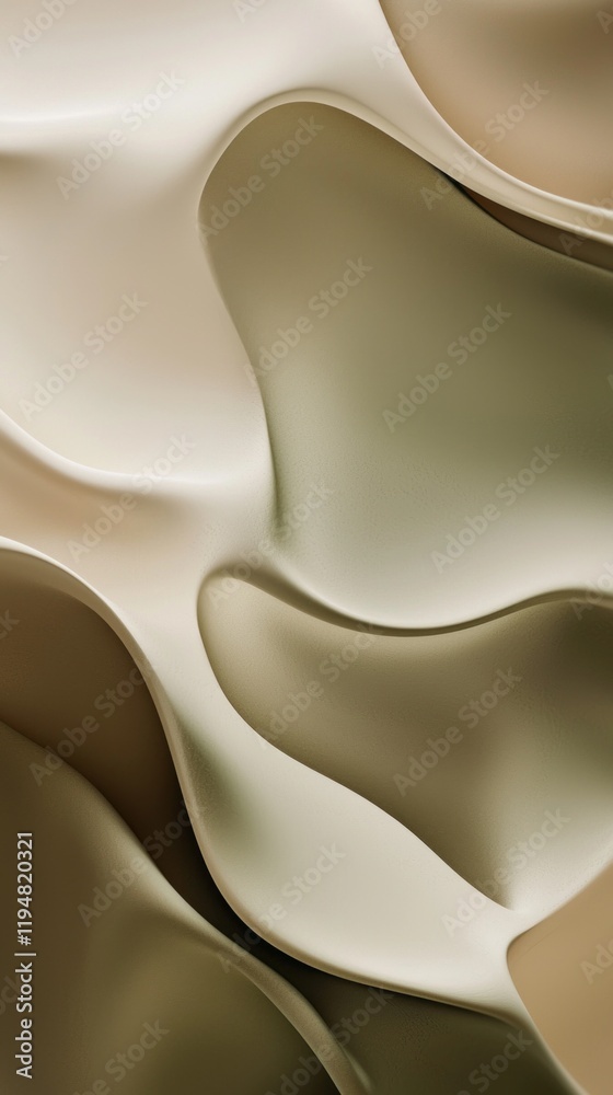 Poster soft, flowing organic forms in muted olive create a serene atmosphere. the gentle curves invite cont