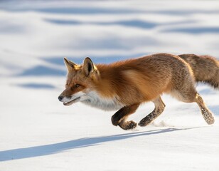 Fototapeta premium Red fox running fast on snow in winter landscape