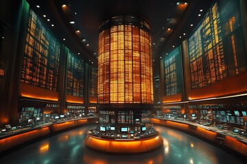 Futuristic control room with glowing data displays.