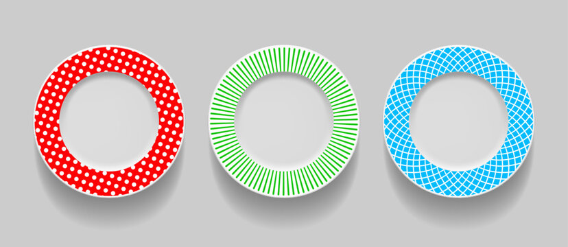 Set of realistic table plates, top view