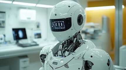 Robotic medical scene featuring a humanoid robot attending to another on a futuristic hospital bed. Symbolizes advanced AI and healthcare evolution. Generative AI