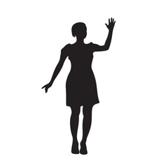 Silhouette of a Woman in a Short Dress Waving Hello - Vector Illustration