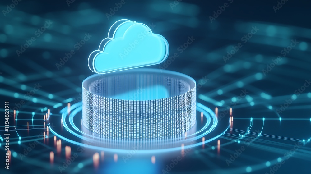 Poster futuristic cloud computing concept with digital circuits and neon blue elements representing data st