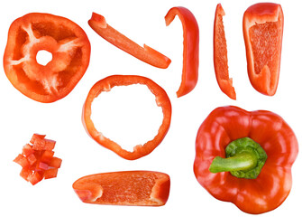 Set red bell pepper sweet and cut in half, into slices and cubes isolated on a transparent background. Completely in focus. Focus stacking. Top view.