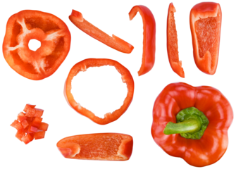 Set red bell pepper sweet and cut in half, into slices and cubes isolated on a transparent background. Completely in focus. Focus stacking. Top view.