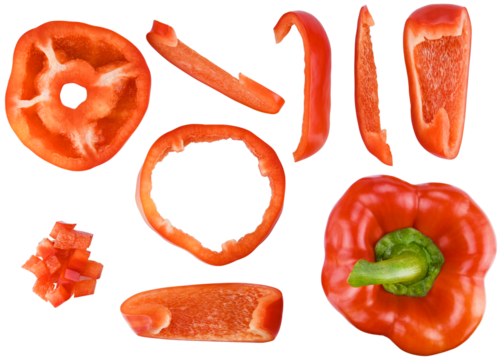 Set red bell pepper sweet and cut in half, into slices and cubes isolated on a transparent background. Completely in focus. Focus stacking. Top view.