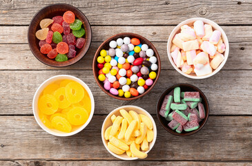 Mix of colorful candies . Top view