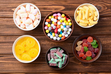 Mix of colorful candies . Top view