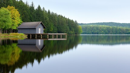 Obraz premium Serene lakeside cabin surrounded by lush trees and calm waters.