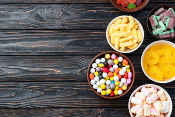 Mix of colorful candies . Top view