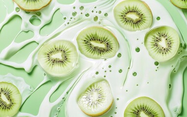 Fototapeta premium A swirl of milk with floating kiwi slices, captured dynamically on a pastel mint green background