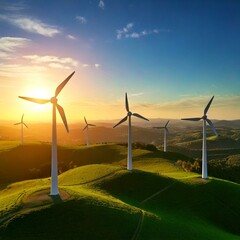 Fototapeta premium Wind turbines catching the golden hues of sunset over vibrant rolling hills, combining aesthetics and renewable energy.