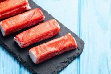 Crab sticks from fish surimi photography . Top view