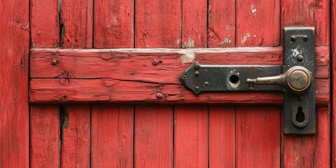 Vintage red wooden door with weathered texture, featuring a classic iron lock and handle positioned centrally against the rustic background.