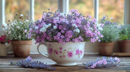 Lavender and Baby's Breath Arrangement in Vintage Tea Cup for Rustic Valentine's Day Decor