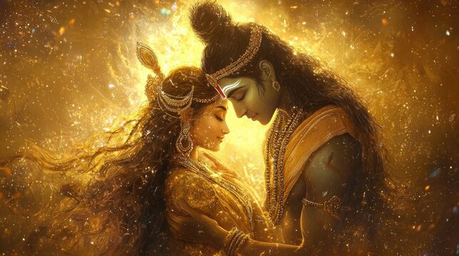 Shiva and Parvati depicted in a cosmic embrace surrounded by radiant golden light. Symbolizes divine love, union, and harmony in Hindu mythology. Generative AI.