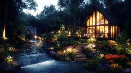 Obraz premium A cozy wooden house with large windows by a serene river, surrounded by lush greenery and colorful wildflowers.