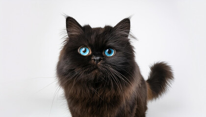 A Black Persian cat, blue eyes set against a clean white background