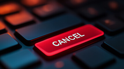 Close-up view of conceptual black notebook keyboard with a red button that says cancel, Concept of cancel culture social media and internet, AI generated