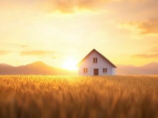 Golden light illuminates serene countryside home amidst wheat fields at dusk