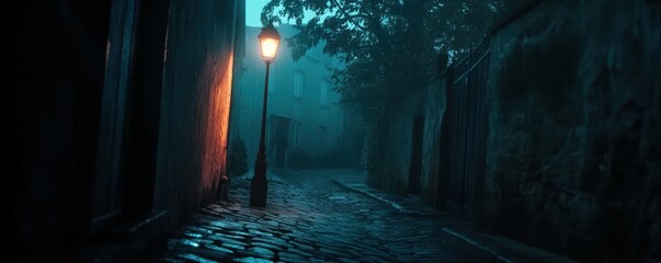 A lone streetlight illuminating a quiet cobblestone alleyway at night, 4k photo.