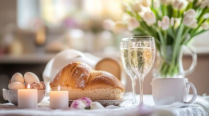 Naklejka premium Easter breakfast table setting with bread, eggs, tulips, and champagne.