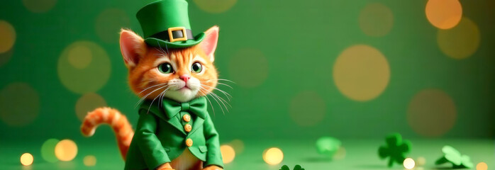 Fototapeta premium St. Patrick's Day postcard banner. a little red kitten in a hat and a leprechaun costume on a green background.