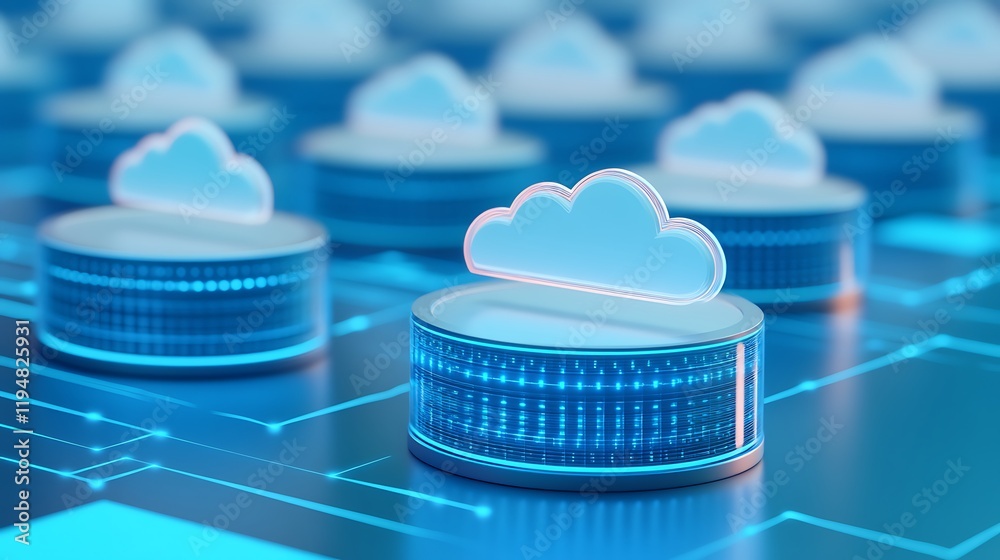 Poster futuristic cloud computing concept with transparent cloud icon over digital data storage representat