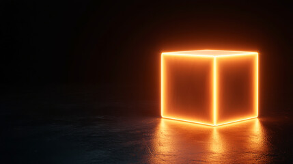 An illuminated cube design with glowing edges against a dark background.