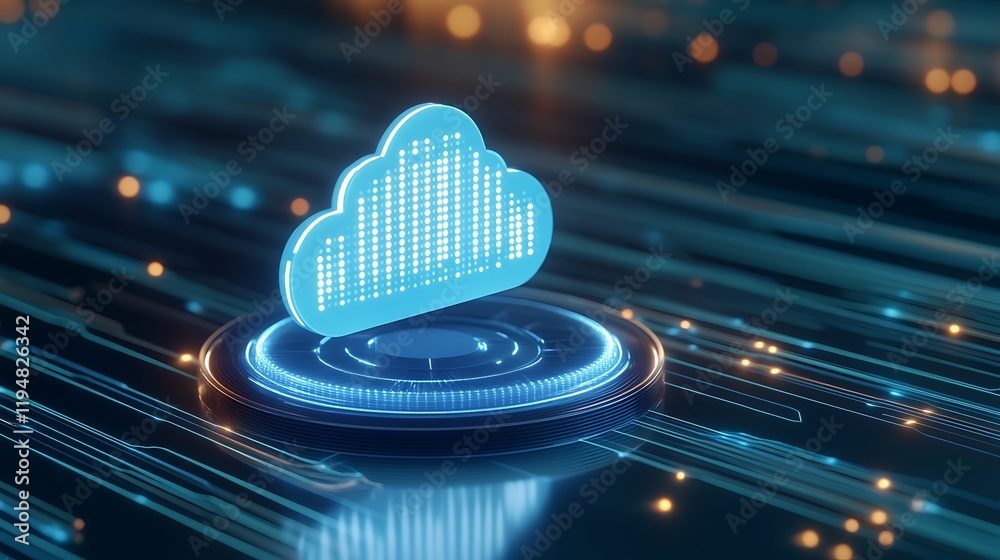 Poster futuristic cloud computing icon with data visualization elements in a high-tech digital environment