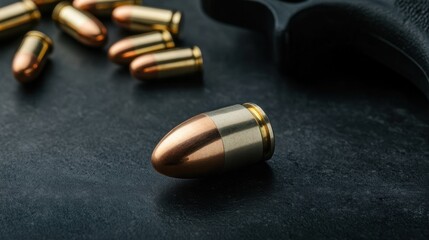 Close up of a Bullet on a Dark Surface with Handgun in Background