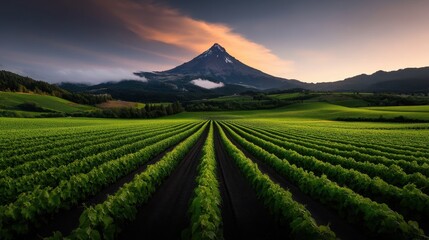 Fototapeta premium Vineyard Rows at Sunset with Majestic Mountain in Background
