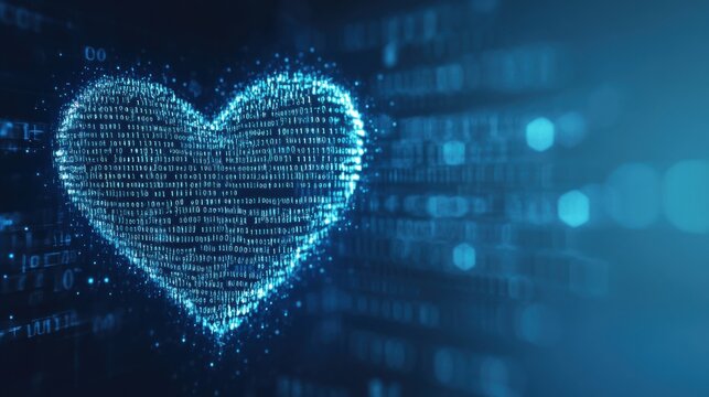 Digital heart illustration with binary code and futuristic blue background