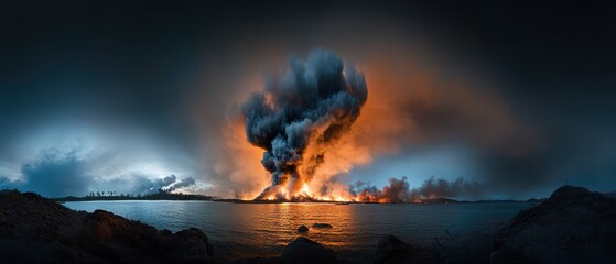 Fototapeta premium Massive Wildfire Burning on Island Shoreline at Dusk