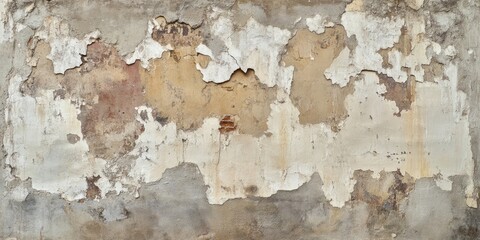 Chipped plaster wall with aged texture in neutral tones of beige, gray, and brown, featuring peeling sections and rustic appearance.