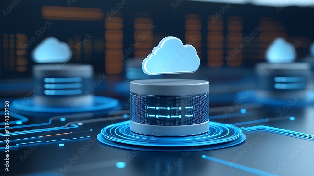 Poster futuristic cloud computing technology concept with data storage and visualization elements