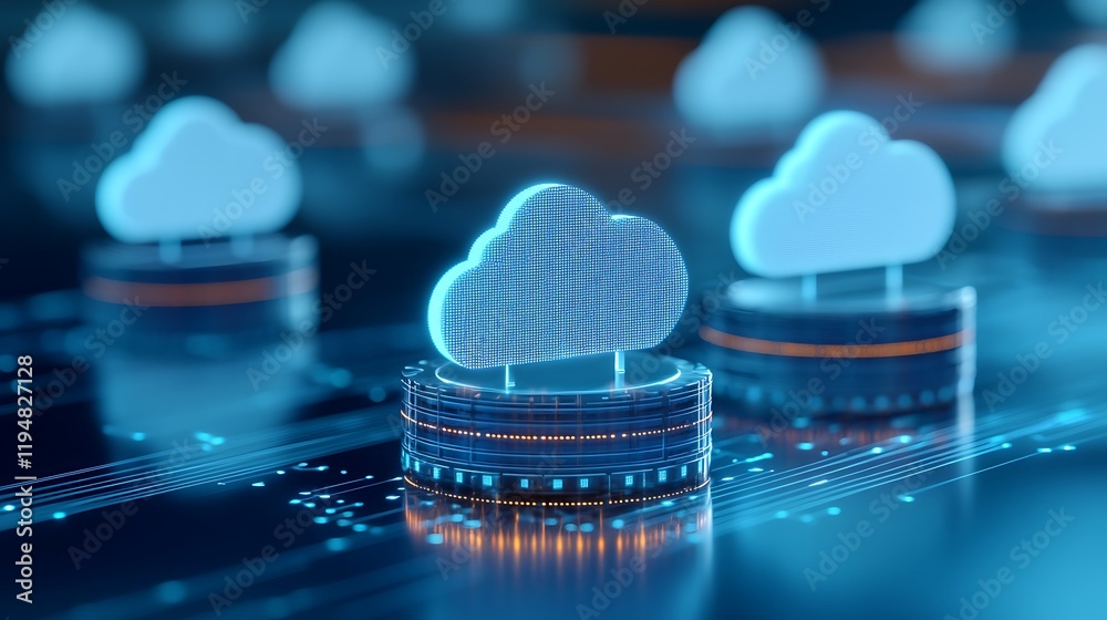 Poster futuristic cloud computing technology concept with glowing cloud icons and digital circuit patterns 