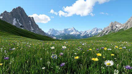 Scenic mountain landscape with vibrant wildflowers in a meadow.