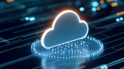 Futuristic Cloud Data Storage Concept with Neon Lights and Digital Circuits on Dark Background