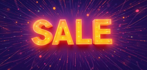 Bright sale text with neon glow on dark purple background