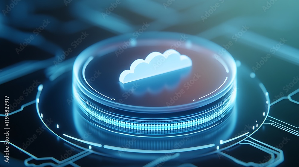 Poster futuristic cloud icon in digital network interface with neon glow and circuit patterns