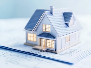 Architectural model on loan documents showcasing intricate house plan in modern workspace