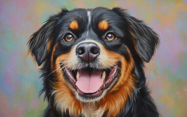 Close-up portrait of a cheerful dog with a wide smile and a clean pastel backdrop