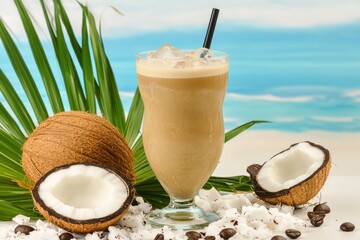 Refreshing Iced Coconut Coffee on Tropical Beach with Coconut Garnish