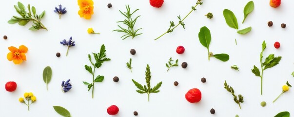 Artistic flat lay of spices and herbs on a white background, culinary creativity, natural design elements.