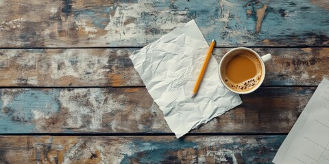 Aerial view of a crumpled white paper yellow pencil and coffee cup on rustic wooden table with blue and brown tones for creative workspace ideas
